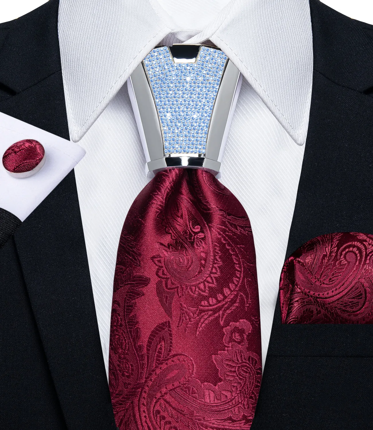 DiBanGu Men's Tie Red Floral Silk Tie Handkerchief Cufflinks Accessory Set 4PC