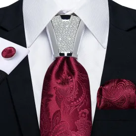 DiBanGu Men's Tie Red Floral Silk Tie Handkerchief Cufflinks Accessory Set 4PC