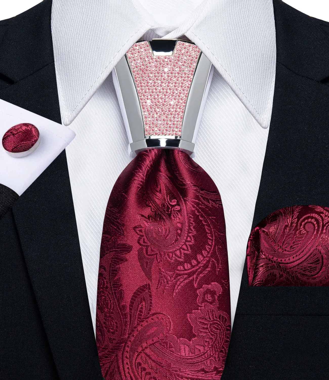 DiBanGu Men's Tie Red Floral Silk Tie Handkerchief Cufflinks Accessory Set 4PC