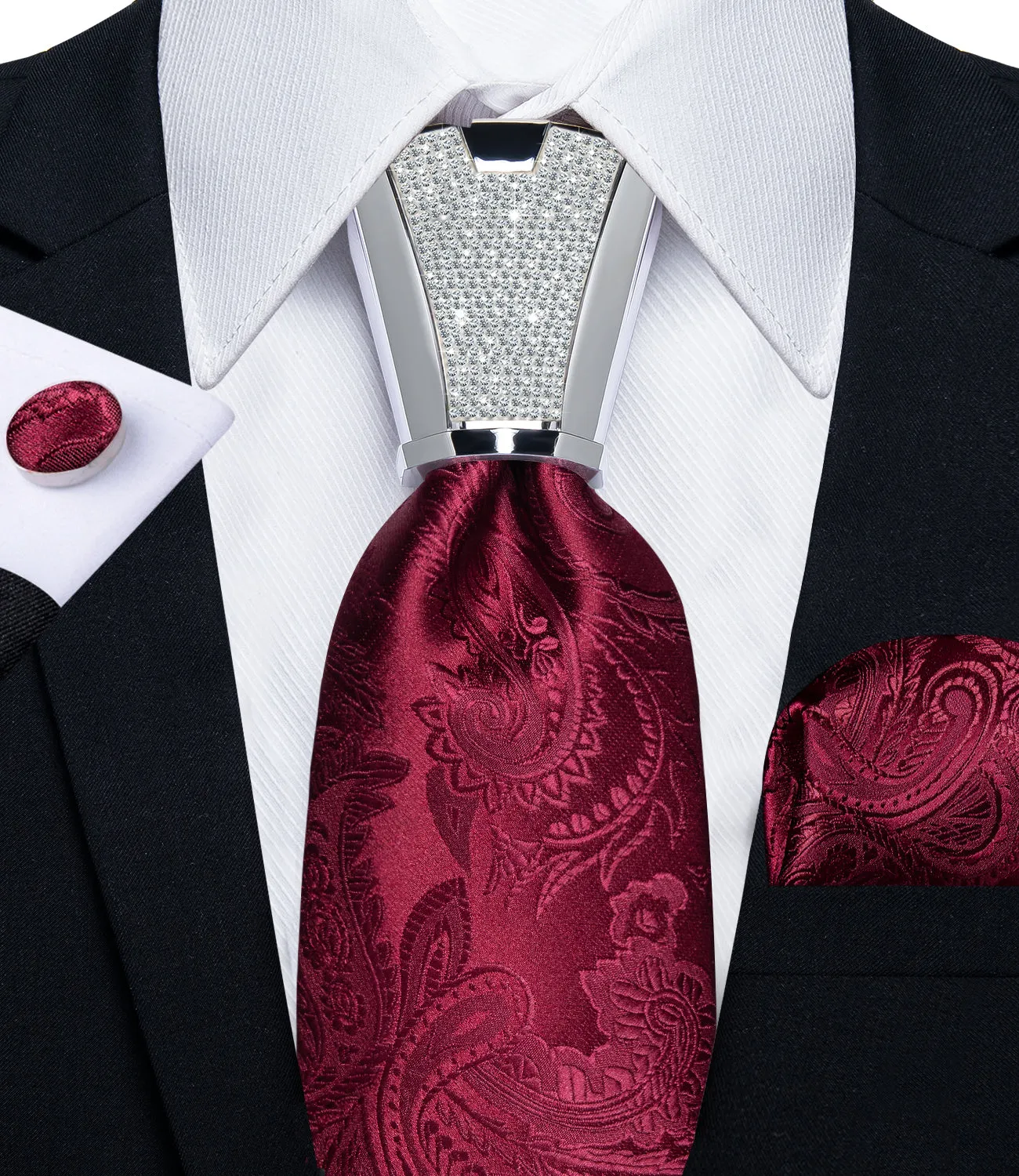 DiBanGu Men's Tie Red Floral Silk Tie Handkerchief Cufflinks Accessory Set 4PC