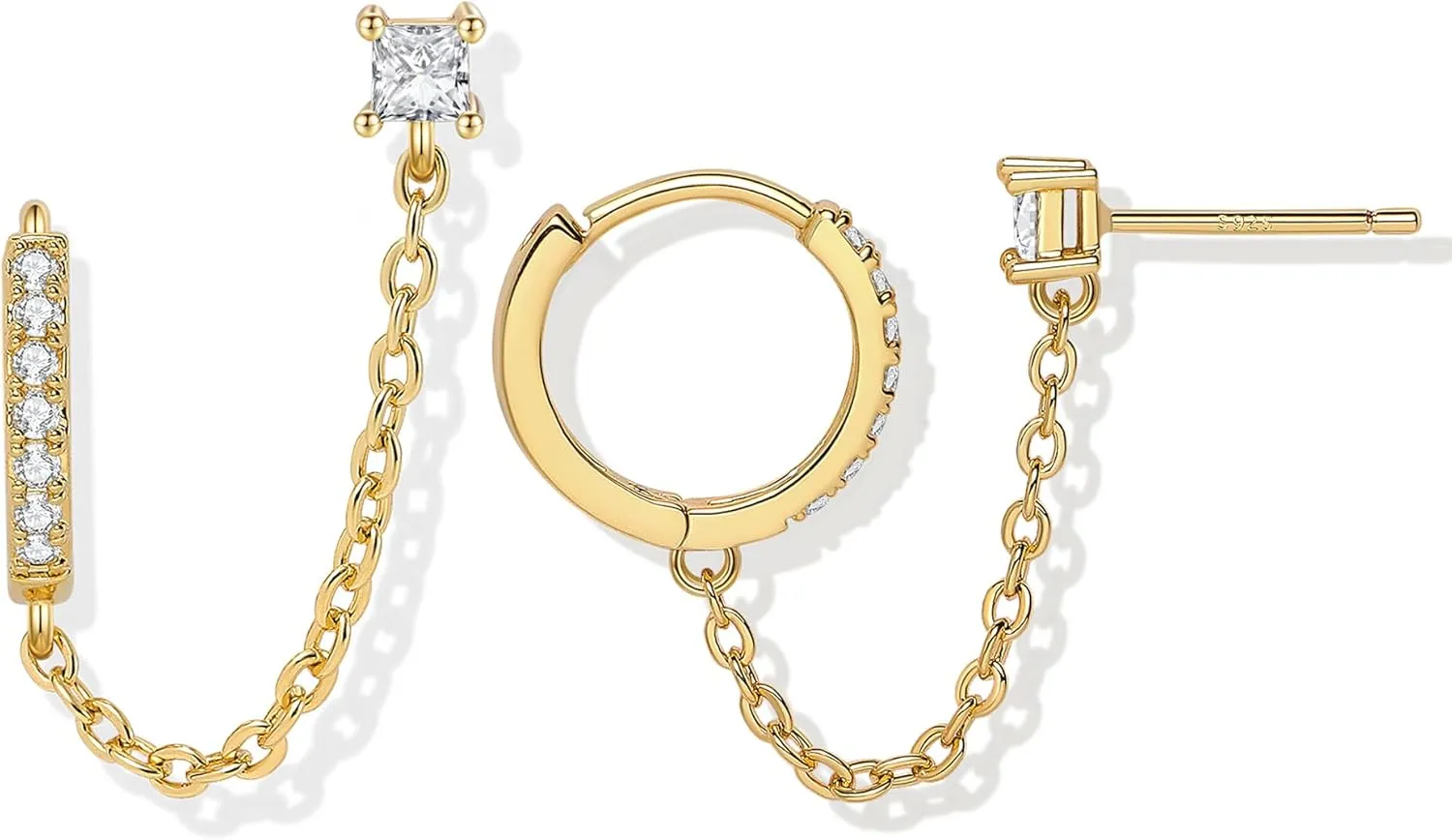 Double Piercing Chain Earrings for Women 18K Gold Plated S925 Sterling Silver Dangle Chain Huggie Hoop Earrings with Cubic Zirconia Stones Simulated CZ Stud Earrings