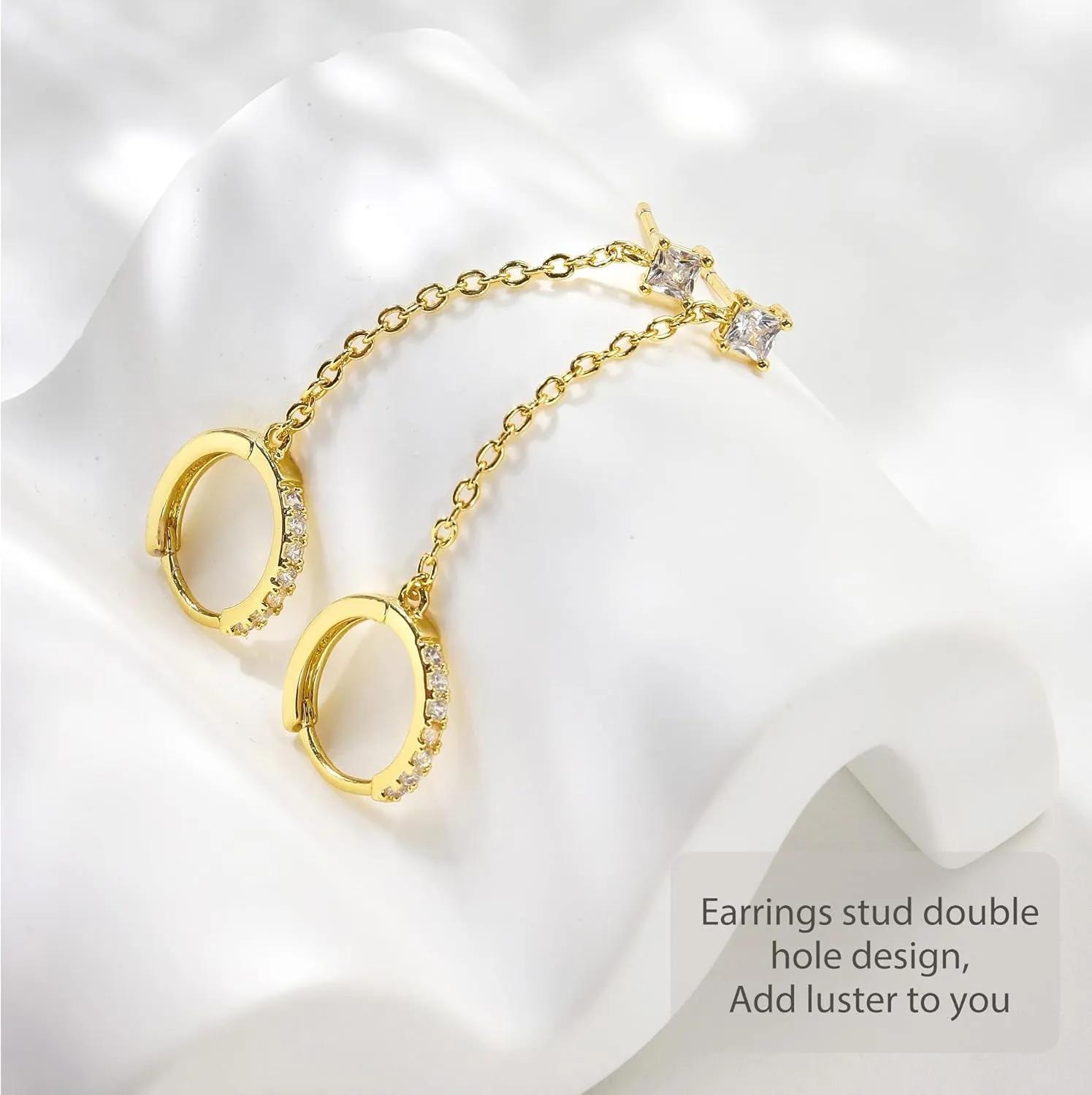 Double Piercing Chain Earrings for Women 18K Gold Plated S925 Sterling Silver Dangle Chain Huggie Hoop Earrings with Cubic Zirconia Stones Simulated CZ Stud Earrings