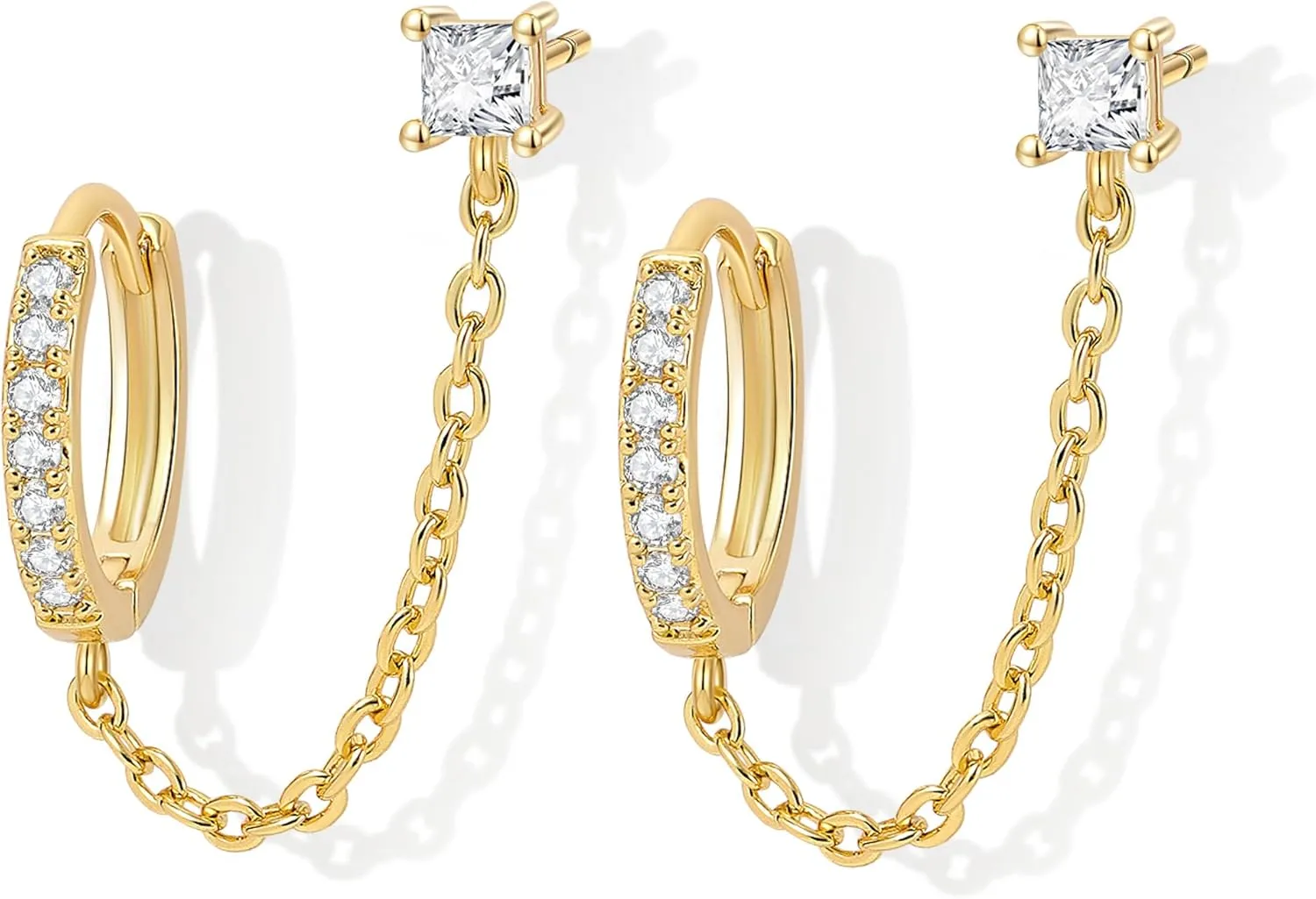 Double Piercing Chain Earrings for Women 18K Gold Plated S925 Sterling Silver Dangle Chain Huggie Hoop Earrings with Cubic Zirconia Stones Simulated CZ Stud Earrings