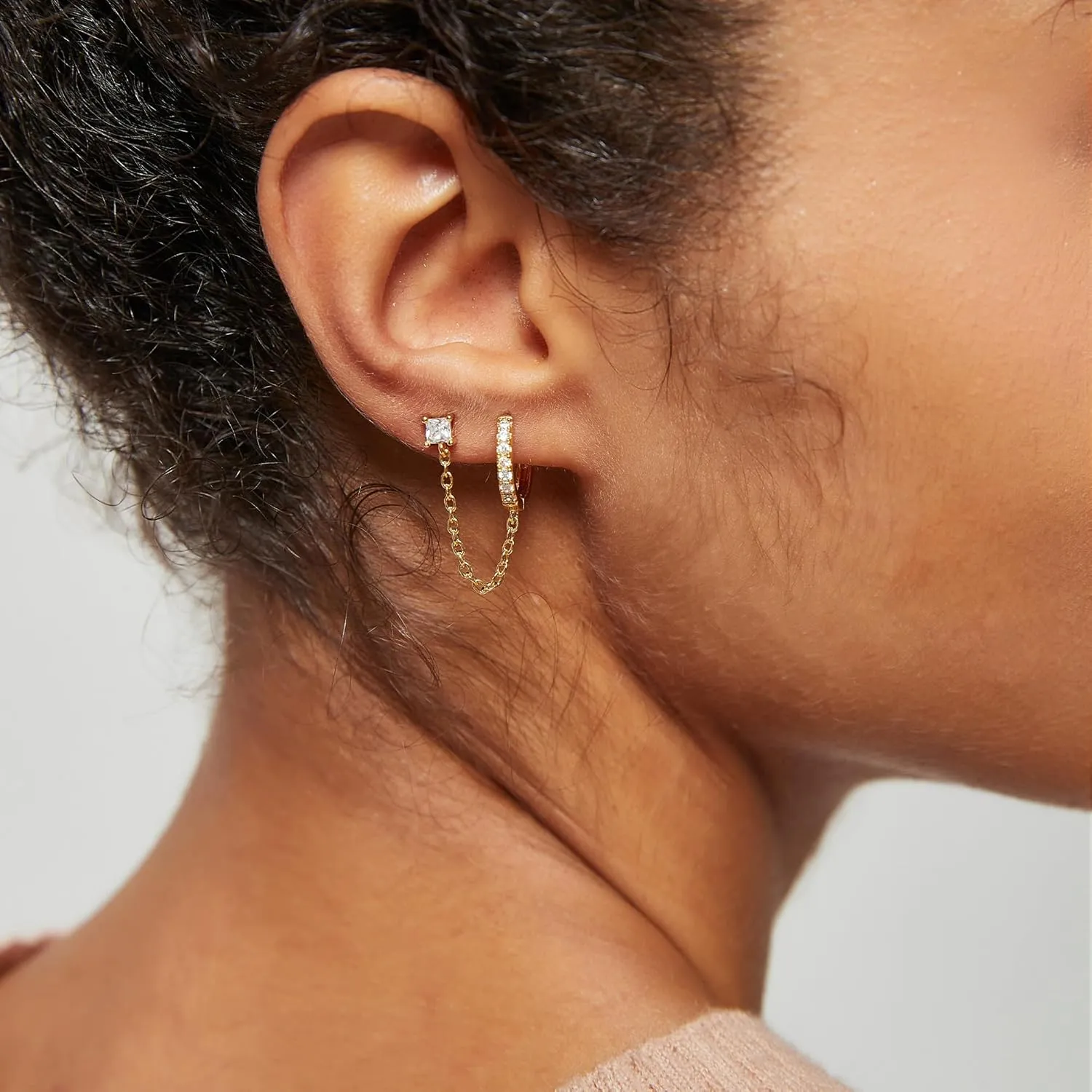 Double Piercing Chain Earrings for Women 18K Gold Plated S925 Sterling Silver Dangle Chain Huggie Hoop Earrings with Cubic Zirconia Stones Simulated CZ Stud Earrings