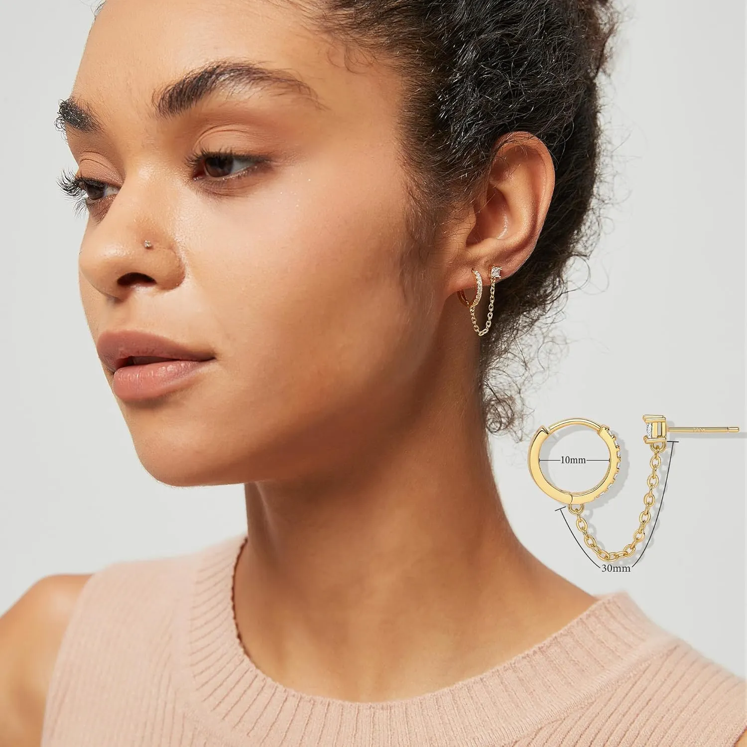 Double Piercing Chain Earrings for Women 18K Gold Plated S925 Sterling Silver Dangle Chain Huggie Hoop Earrings with Cubic Zirconia Stones Simulated CZ Stud Earrings