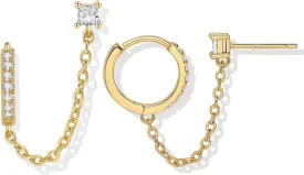 Double Piercing Chain Earrings for Women 18K Gold Plated S925 Sterling Silver Dangle Chain Huggie Hoop Earrings with Cubic Zirconia Stones Simulated CZ Stud Earrings