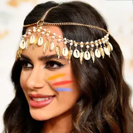 EARENT Boho Sea Shell Head Chain Gold Tassel Forehead Chain Beads Headband Sand Beach Costume Hair Accessories for Women