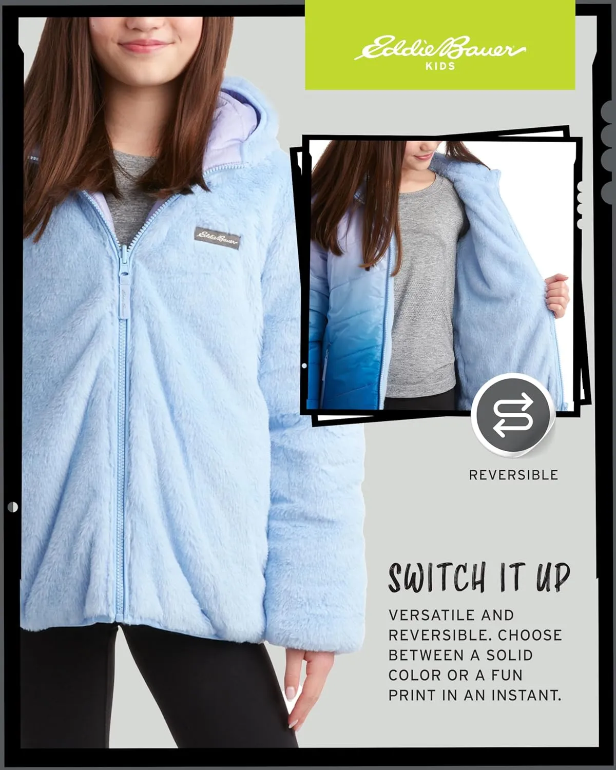 Eddie Bauer Girls' Reversible Jacket - Deer Harbor Waterproof Lightweight Puffer Coat with Faux Shearling Lining (5-20)