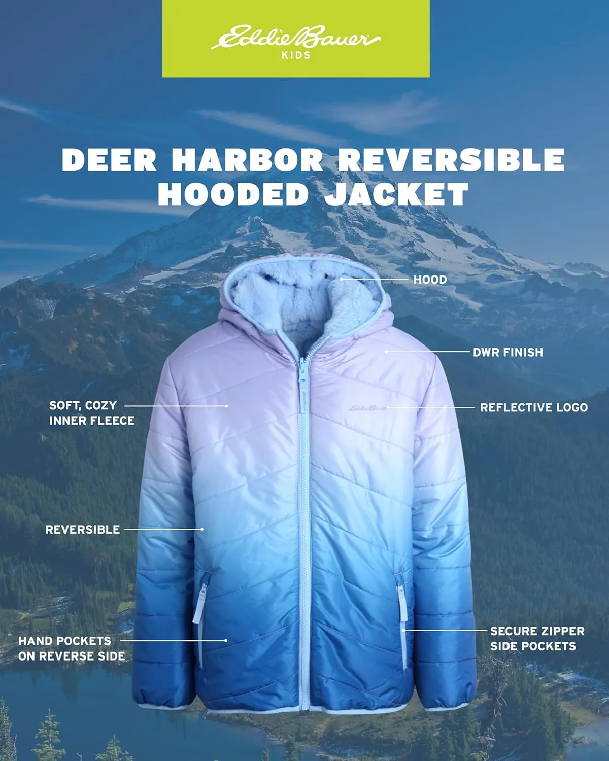 Eddie Bauer Girls' Reversible Jacket - Deer Harbor Waterproof Lightweight Puffer Coat with Faux Shearling Lining (5-20)