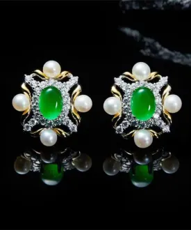 Fashion Green Sterling Silver Overgild Zircon Jade Pearl Stud Earrings AC1081
