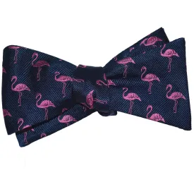 Flamingo Bow Tie - Pink on Navy, Woven Silk