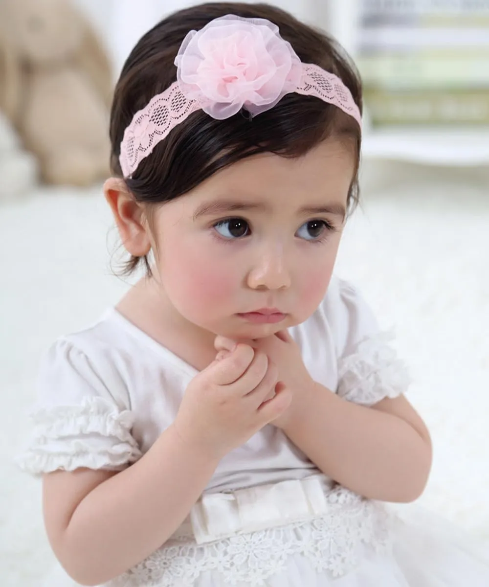 Floral Lace Hair Bow for Baby Girls Soft Stretch Headband for Newborns to Toddlers Baby Shower Birthday Hair Band 0-36 Months (Pink A, Free)