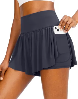 Flowy Running Shorts for Women with 4 Pockets 2 in 1 High Waisted Women's Butterfly Workout Athletic Tennis Skirt Shorts