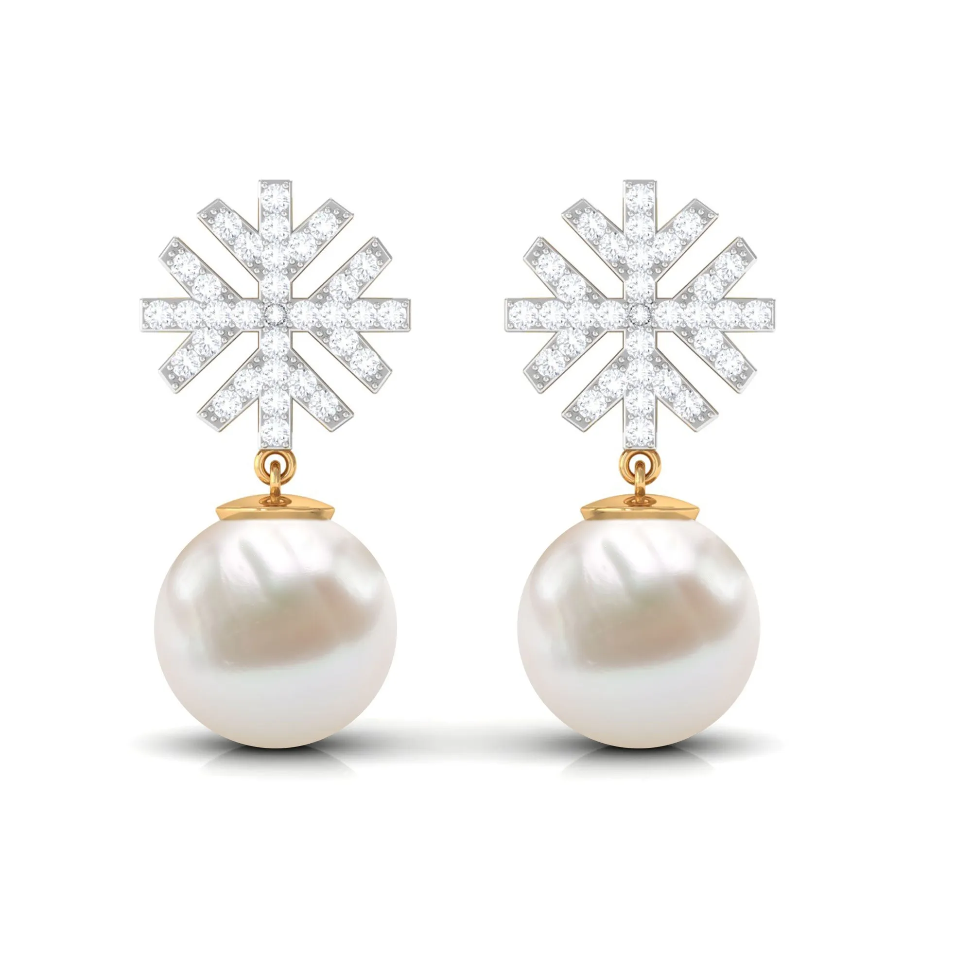 Freshwater Pearl Drop Earrings with Round Shape Diamond Stones