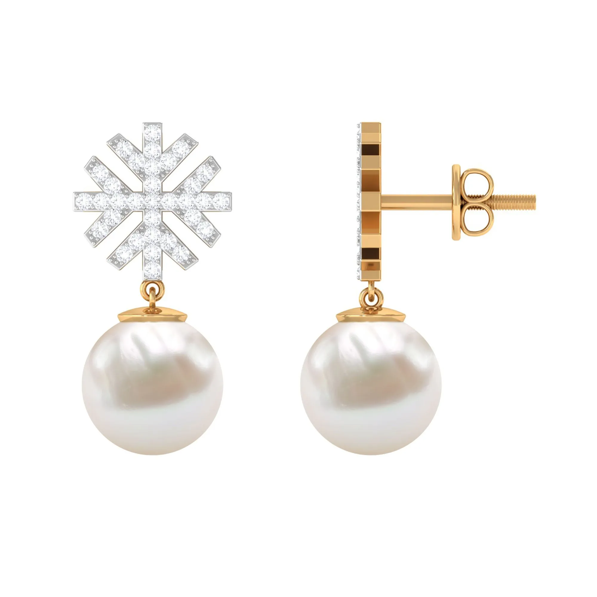 Freshwater Pearl Drop Earrings with Round Shape Diamond Stones