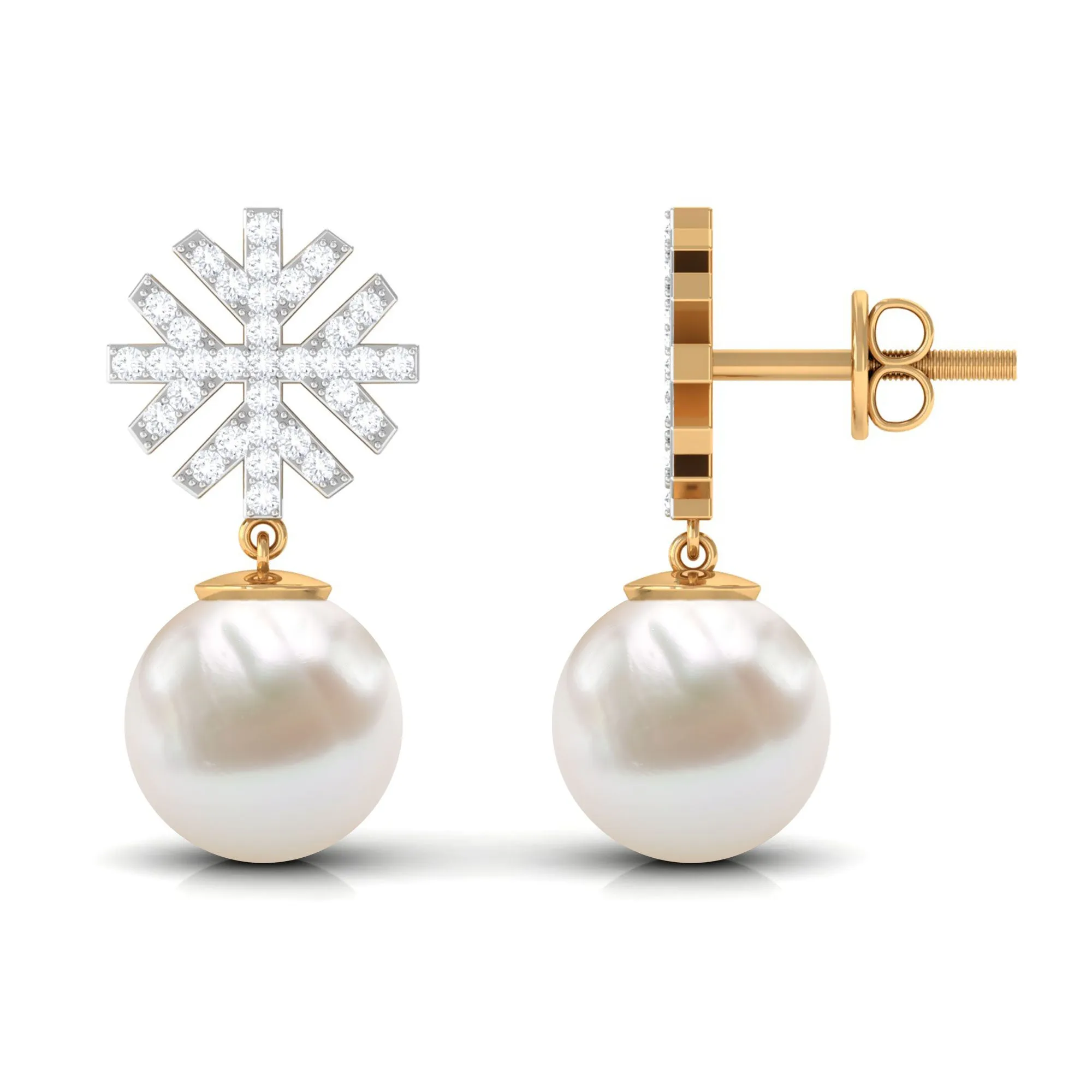 Freshwater Pearl Drop Earrings with Round Shape Diamond Stones
