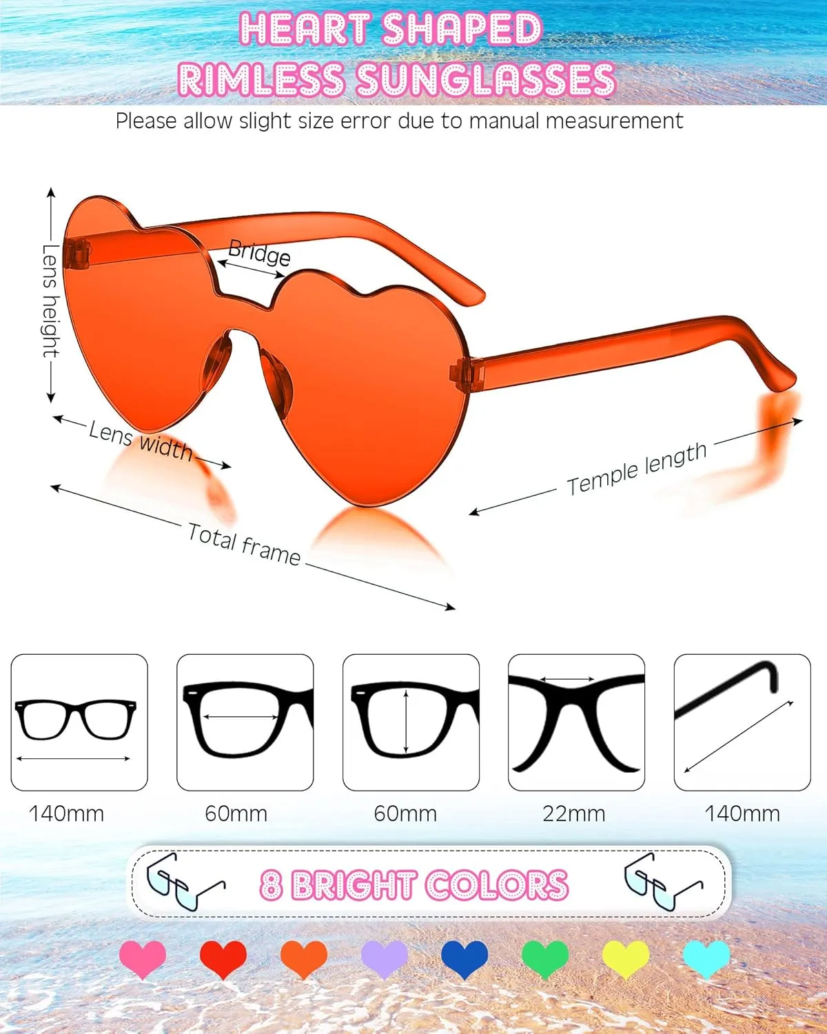 Frienda 8 Pairs Heart Shaped Sunglasses for Women Rimless Heart Glasses Candy Color Sunglasses for Party Favor
