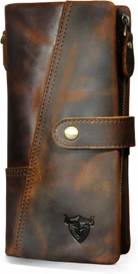 Genuine Crazy Horse Leather Travel Gift Coin Pocket Card Case Long Organizer Chain Rfid Wallet Purse With Snap For Men Male 1803 1815 (1803 Brown-No Chain)