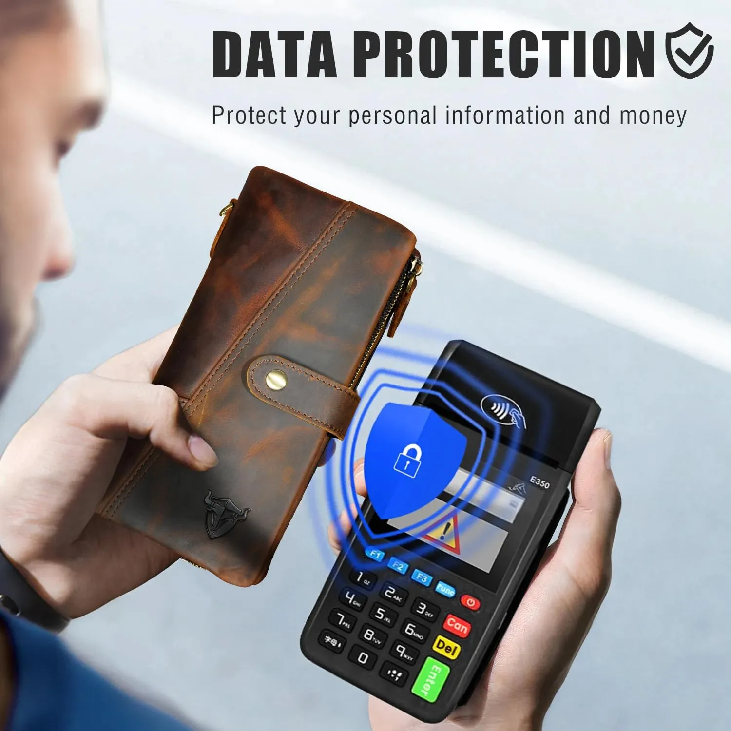 Genuine Crazy Horse Leather Travel Gift Coin Pocket Card Case Long Organizer Chain Rfid Wallet Purse With Snap For Men Male 1803 1815 (1803 Brown-No Chain)