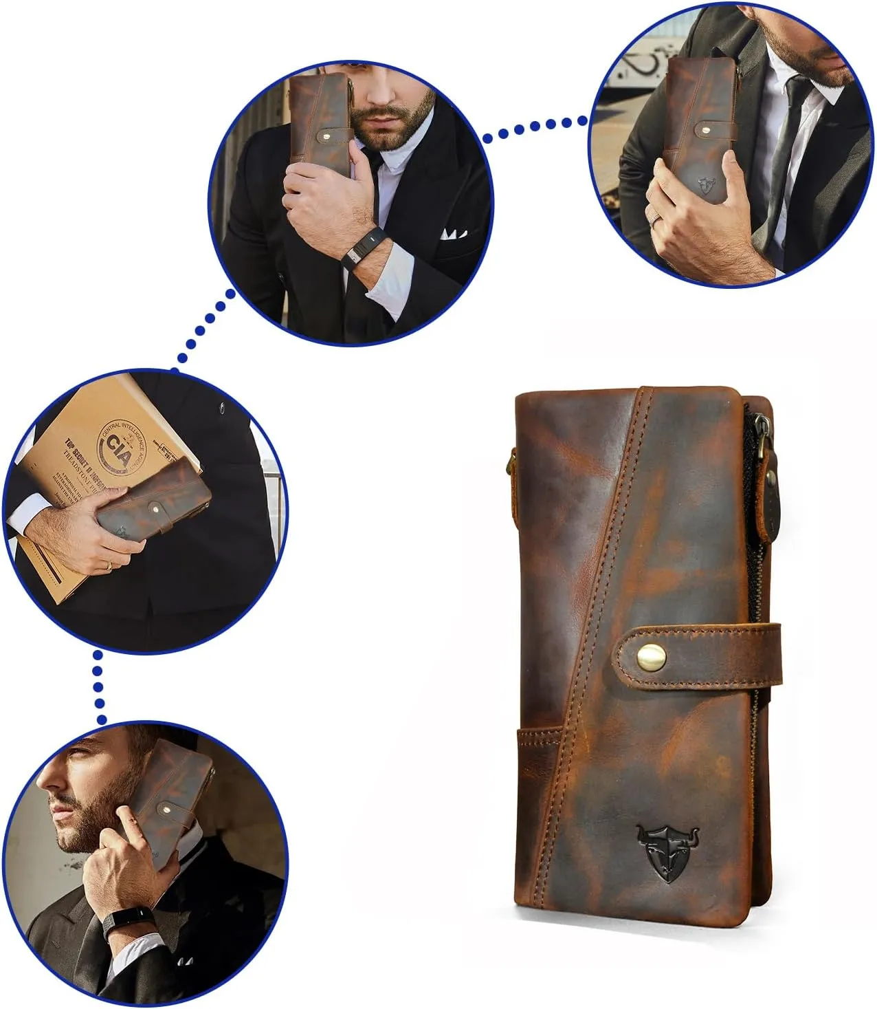 Genuine Crazy Horse Leather Travel Gift Coin Pocket Card Case Long Organizer Chain Rfid Wallet Purse With Snap For Men Male 1803 1815 (1803 Brown-No Chain)