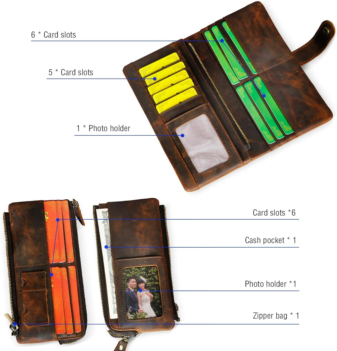 Genuine Crazy Horse Leather Travel Gift Coin Pocket Card Case Long Organizer Chain Rfid Wallet Purse With Snap For Men Male 1803 1815 (1803 Brown-No Chain)