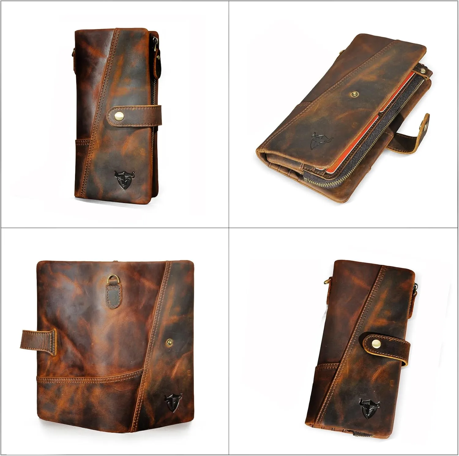 Genuine Crazy Horse Leather Travel Gift Coin Pocket Card Case Long Organizer Chain Rfid Wallet Purse With Snap For Men Male 1803 1815 (1803 Brown-No Chain)