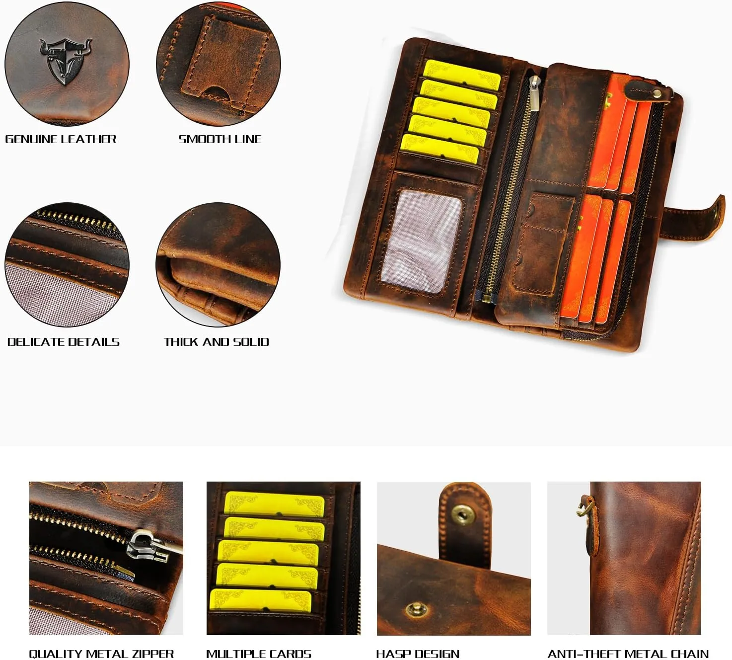 Genuine Crazy Horse Leather Travel Gift Coin Pocket Card Case Long Organizer Chain Rfid Wallet Purse With Snap For Men Male 1803 1815 (1803 Brown-No Chain)