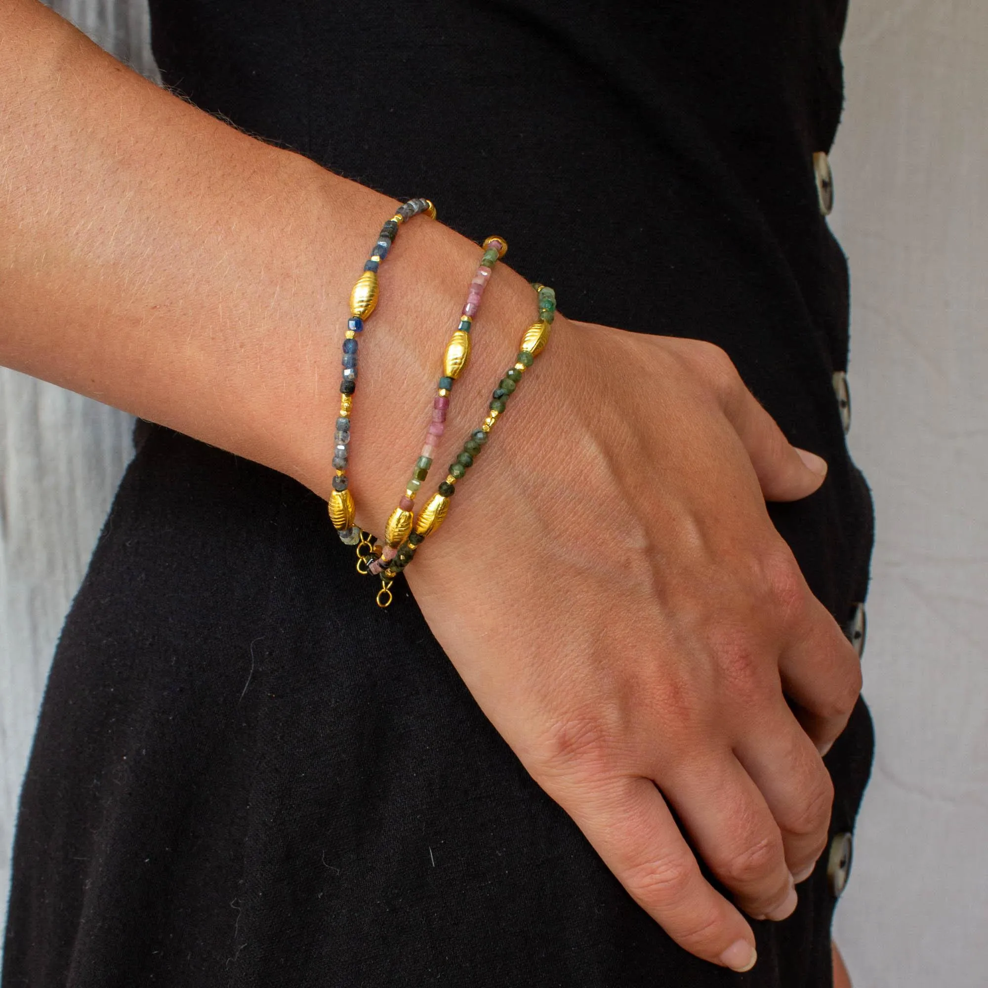 Gold and Tourmaline Textured Bead Bracelet