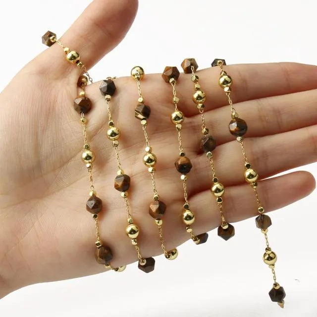 Gold Color Chain Faceted Stone Beads