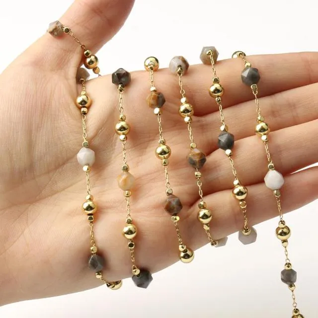 Gold Color Chain Faceted Stone Beads