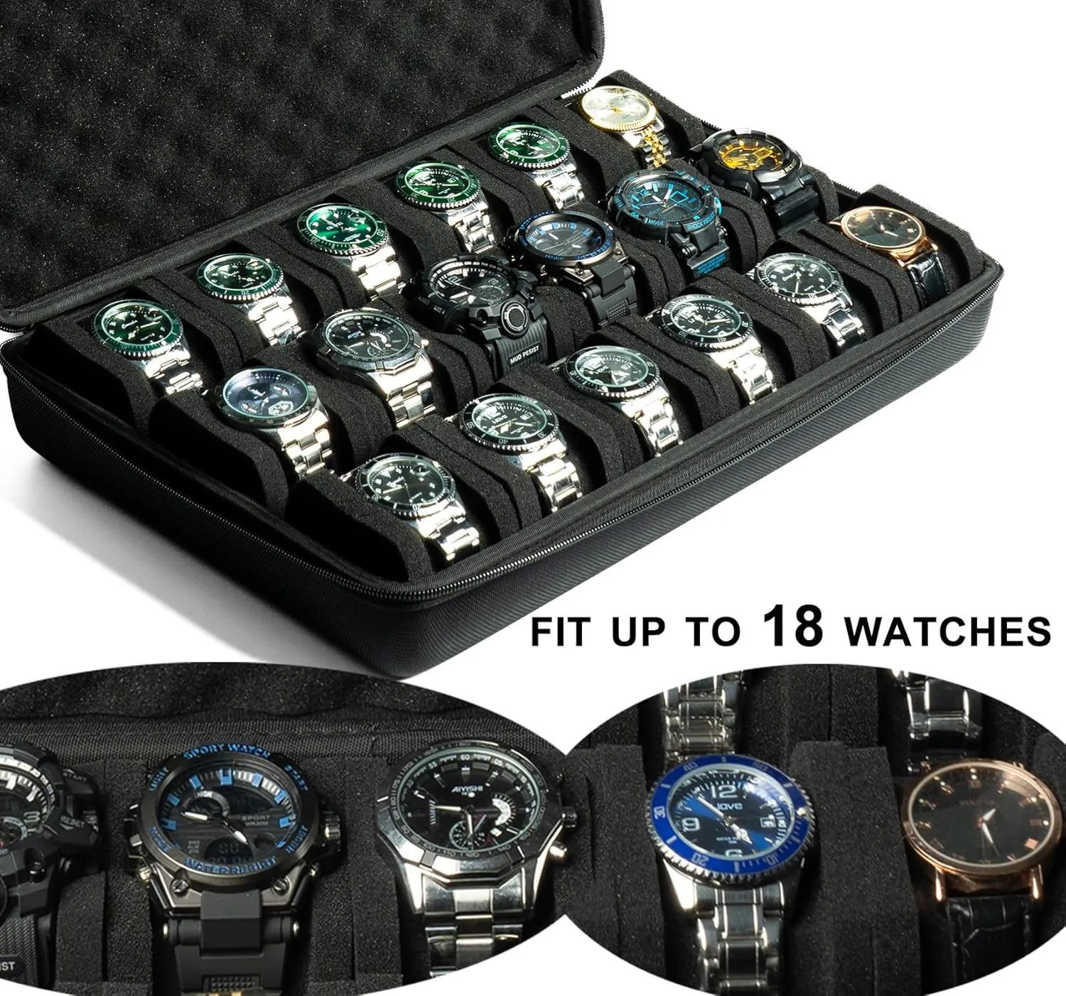 Hardshell watch case, 18 slots watch travel case for men's women's, watch display organizer box holder with form-fitiing watch pillow