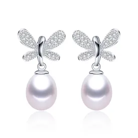 Hot sell Butterfly Pendientes Dangle Earrings 925 Sterling Silver Jewelry for Women Natural Pearl Jewelry 3 Color 9-10mm