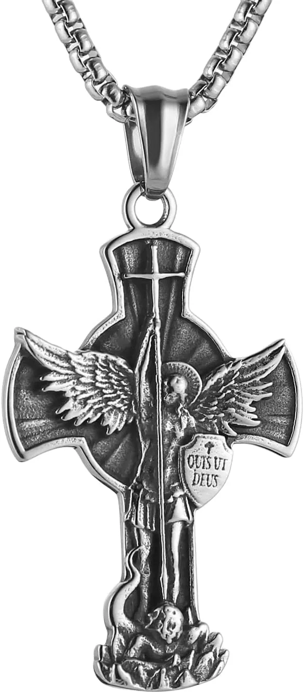 HZMAN St. Michael the Archangel Cross Necklace for Men Stainless Steel Retro Angel Exorcism Protect Amulet Pendant