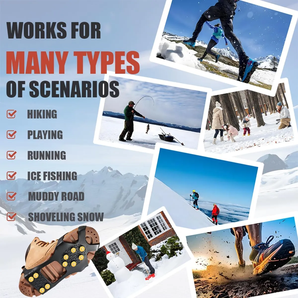 Ice Cleats for Shoes and Boots, Ice Snow Traction Cleats Grippers, Non Slip Shoe Ice Grippers,10 Steel Rubber Spikes Crampons Anti Easy Slip Studs Crampons Slip-on Stretch Footwear