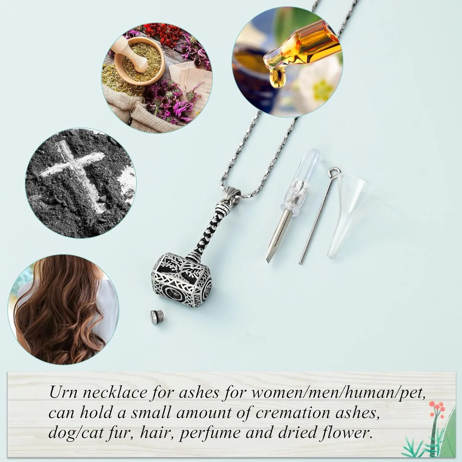 Imrsanl Viking Thor's Hammer Urn Necklace for Ashes Tree of Life Cremation Jewelry Ashes Holder Keepsake Human Memorial Pendant for Women Men