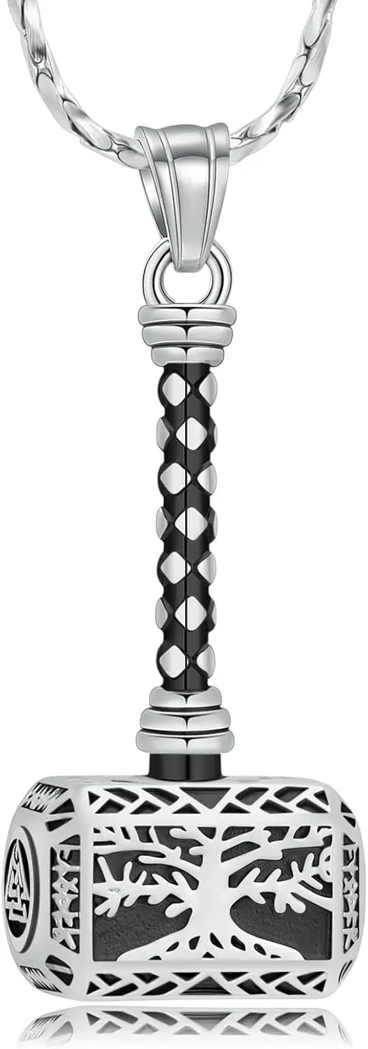 Imrsanl Viking Thor's Hammer Urn Necklace for Ashes Tree of Life Cremation Jewelry Ashes Holder Keepsake Human Memorial Pendant for Women Men