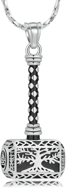 Imrsanl Viking Thor's Hammer Urn Necklace for Ashes Tree of Life Cremation Jewelry Ashes Holder Keepsake Human Memorial Pendant for Women Men