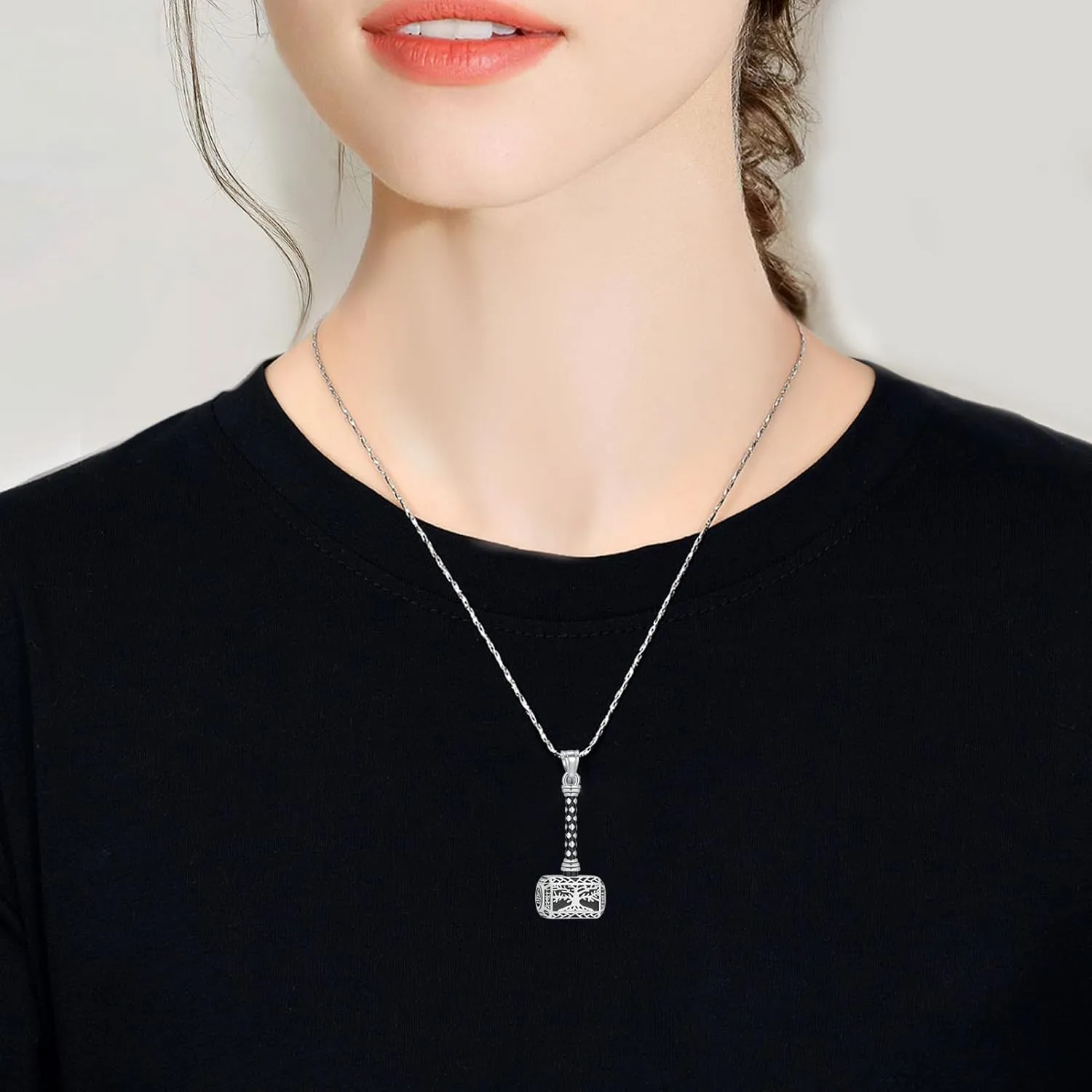 Imrsanl Viking Thor's Hammer Urn Necklace for Ashes Tree of Life Cremation Jewelry Ashes Holder Keepsake Human Memorial Pendant for Women Men