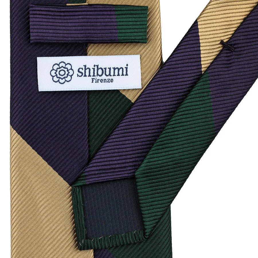 Japanese Repp Stripe Silk Tie - Forest / Eggplant / Cream