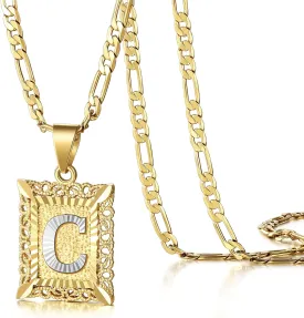 KissYan Initial Letter Pendant Necklace for Mens Womens, 14K Gold Plated Square Capital Monogram Necklaces Alhpabets from A-Z Figaro Chain Jewelry Gift