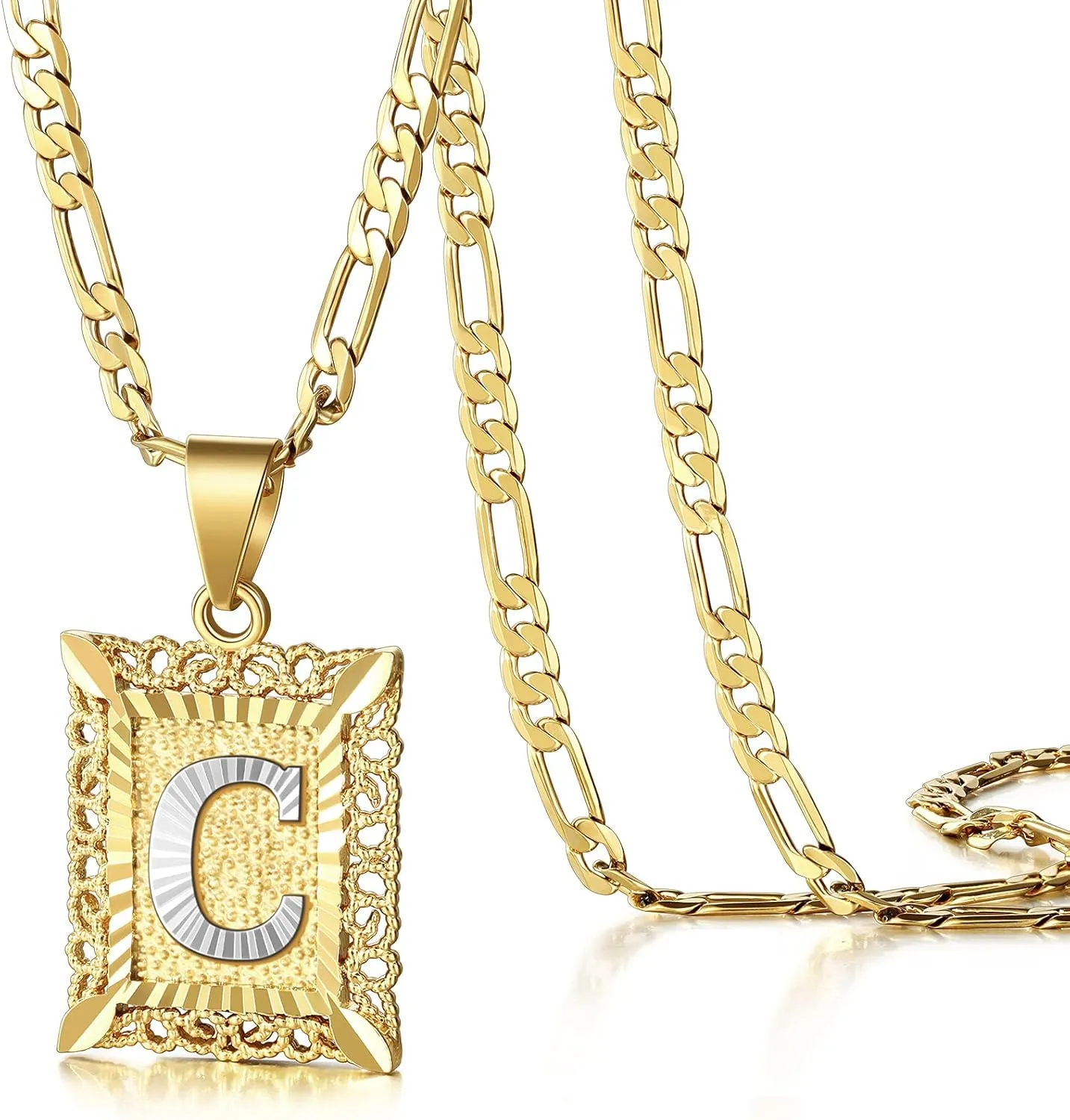 KissYan Initial Letter Pendant Necklace for Mens Womens, 14K Gold Plated Square Capital Monogram Necklaces Alhpabets from A-Z Figaro Chain Jewelry Gift
