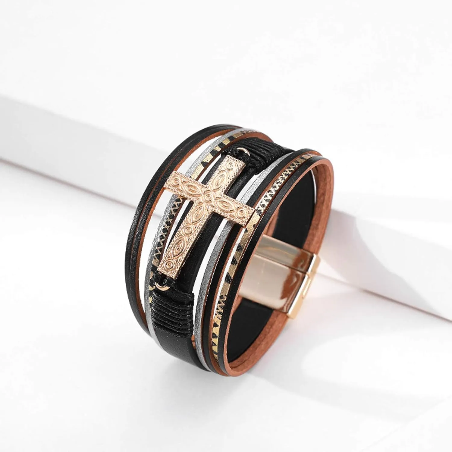 Leather Wrap Bracelet Boho Cuff Bracelets for Women Cross Bracelet Fashion Jewelry Gifts for Her