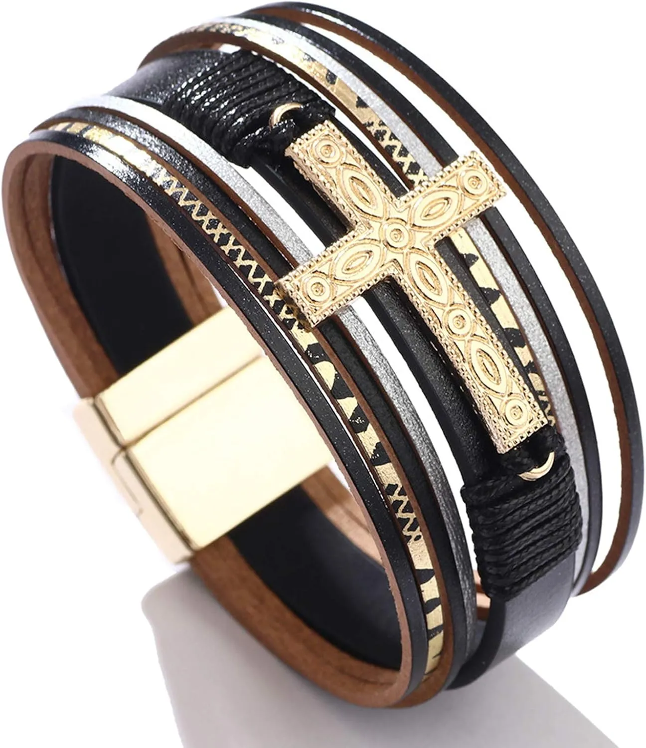 Leather Wrap Bracelet Boho Cuff Bracelets for Women Cross Bracelet Fashion Jewelry Gifts for Her