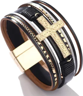 Leather Wrap Bracelet Boho Cuff Bracelets for Women Cross Bracelet Fashion Jewelry Gifts for Her