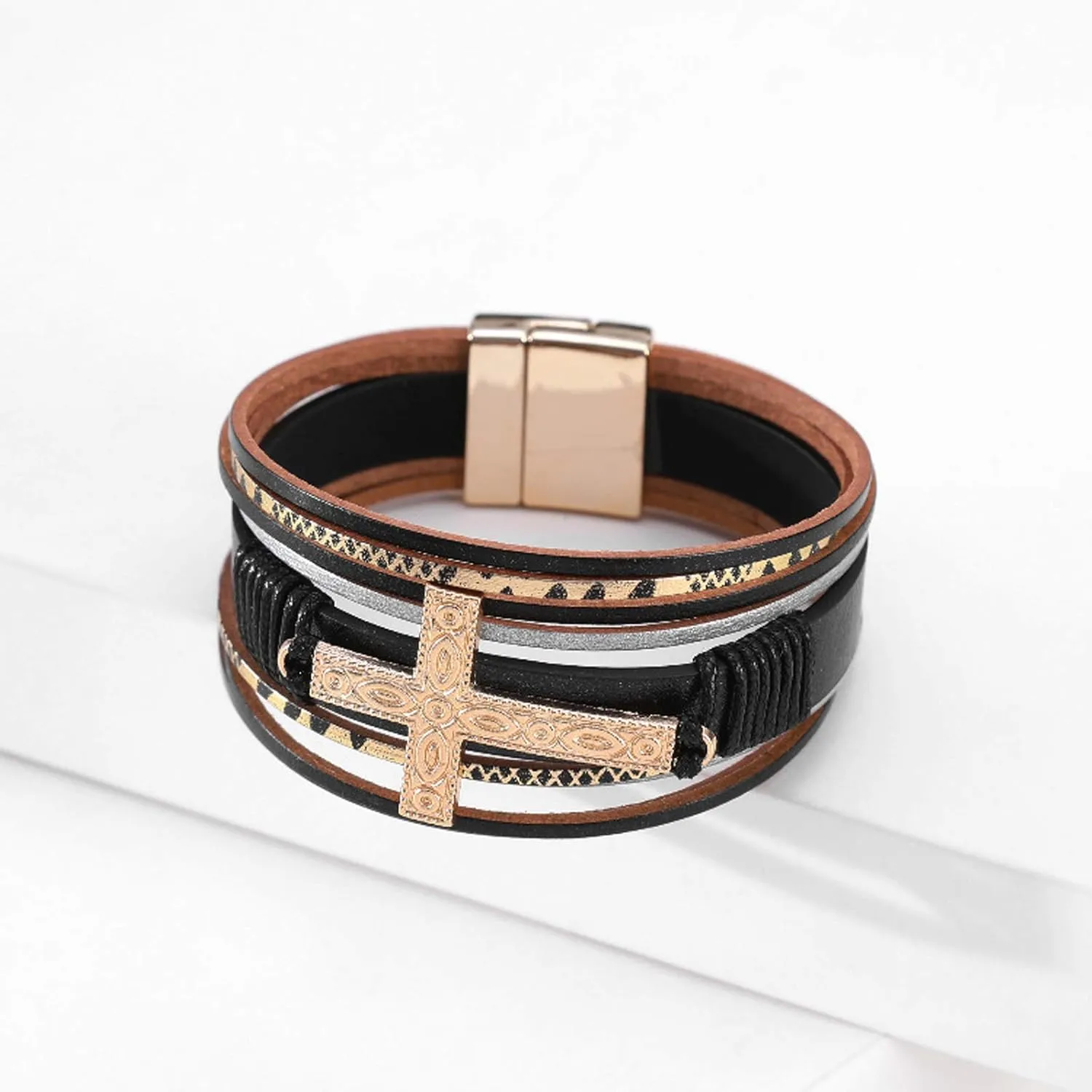 Leather Wrap Bracelet Boho Cuff Bracelets for Women Cross Bracelet Fashion Jewelry Gifts for Her