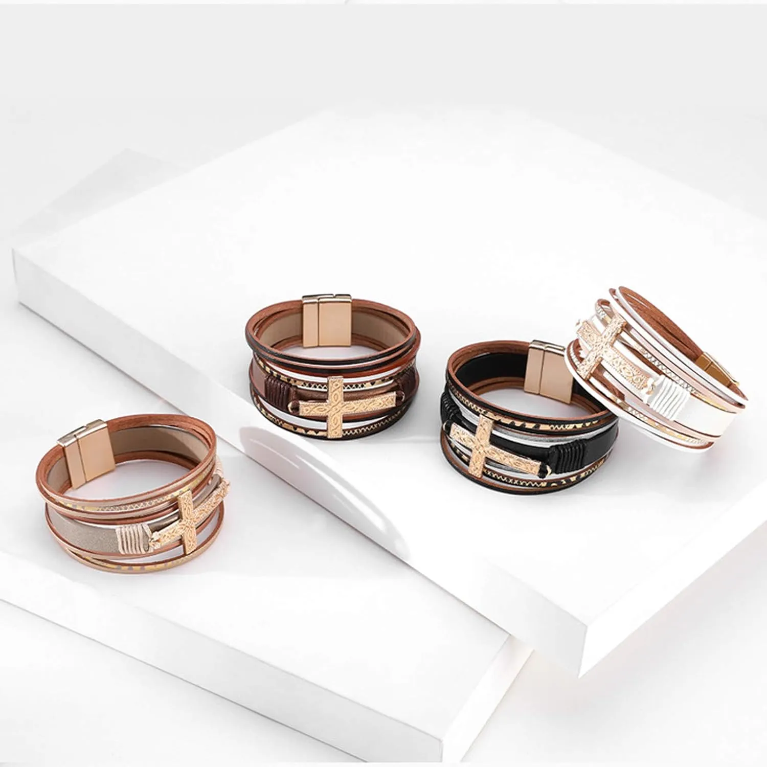 Leather Wrap Bracelet Boho Cuff Bracelets for Women Cross Bracelet Fashion Jewelry Gifts for Her