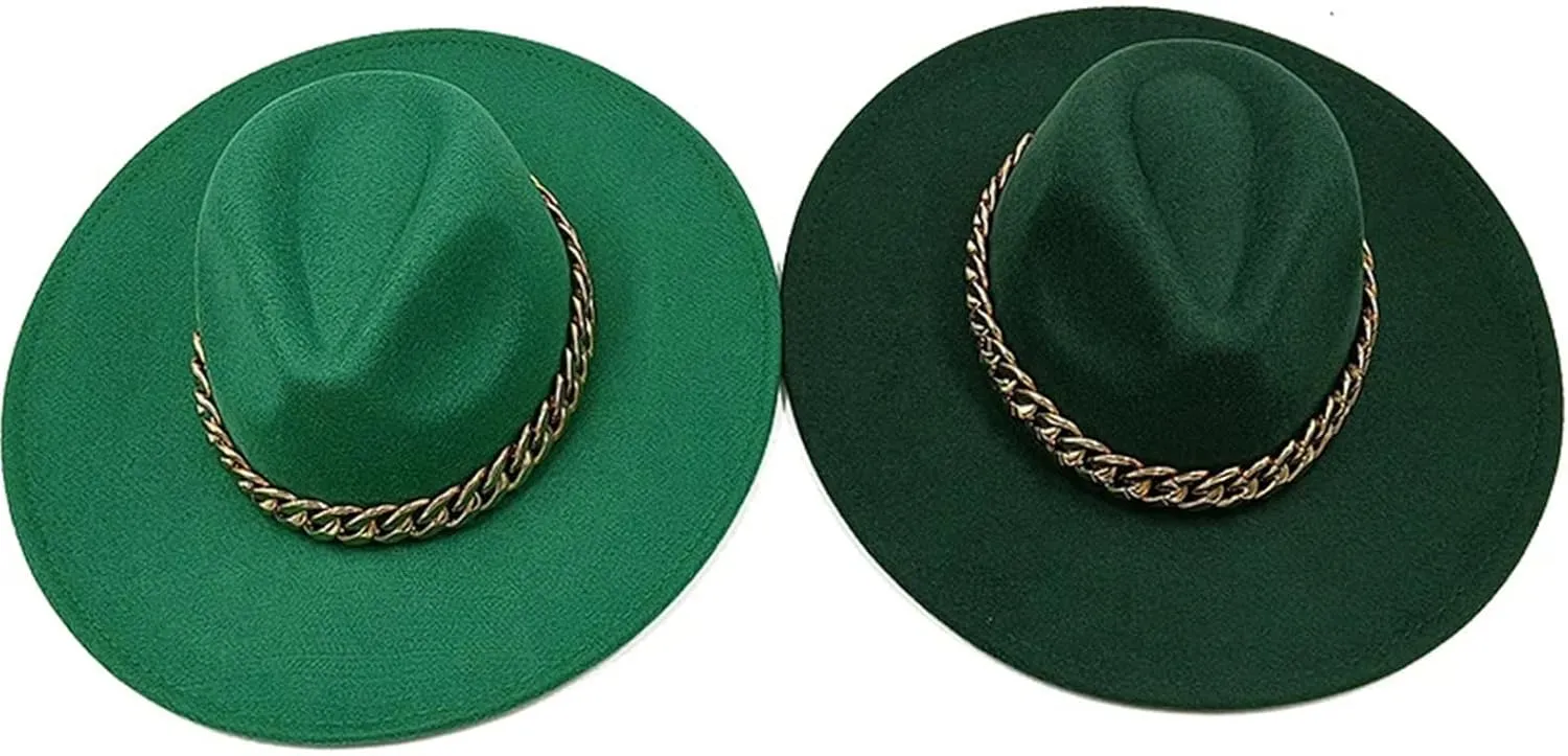 Men's and Women's Wide Brim Panama Fedora Hat Solid Color Golden Chain Jazz Hat Gentleman Caps