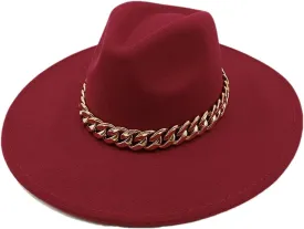 Men's and Women's Wide Brim Panama Fedora Hat Solid Color Golden Chain Jazz Hat Gentleman Caps