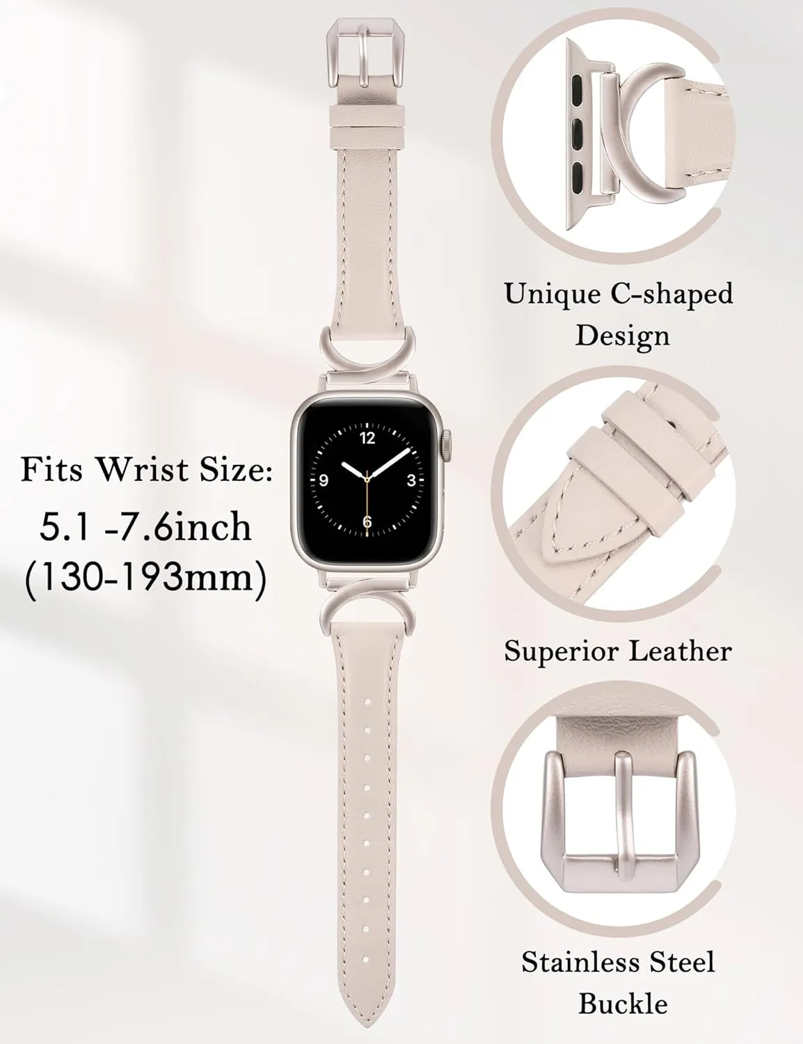 Minyee Leather Bands Compatible with Apple Watch Band 41mm 40mm 38mm 42mm 44mm 45mm 46mm 49mm Women, Slim Thin Dressy Strap with C-Shape Metal Buckle for iWatch Series 10 9 Ultra SE 8 7 6 5 4 3 2 1