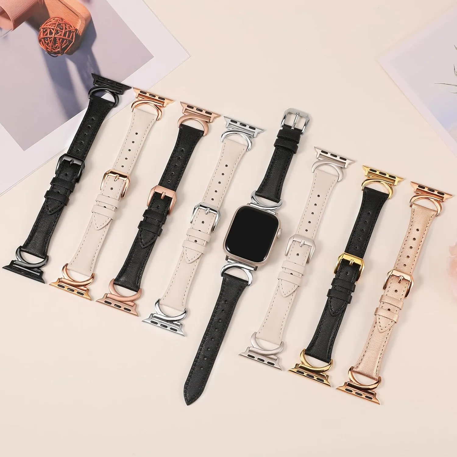 Minyee Leather Bands Compatible with Apple Watch Band 41mm 40mm 38mm 42mm 44mm 45mm 46mm 49mm Women, Slim Thin Dressy Strap with C-Shape Metal Buckle for iWatch Series 10 9 Ultra SE 8 7 6 5 4 3 2 1